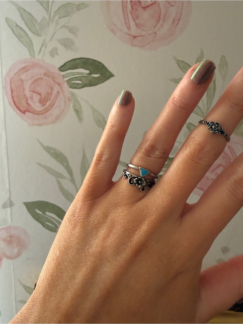 Silver Floral Bohemian Trio Ring Set with Turquoise Accent